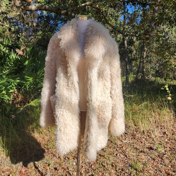Vintage Genuine Shearling Mongolian Lamb Fur Shag Curly Ivory Long Coat 70's - Picture 2 of 16